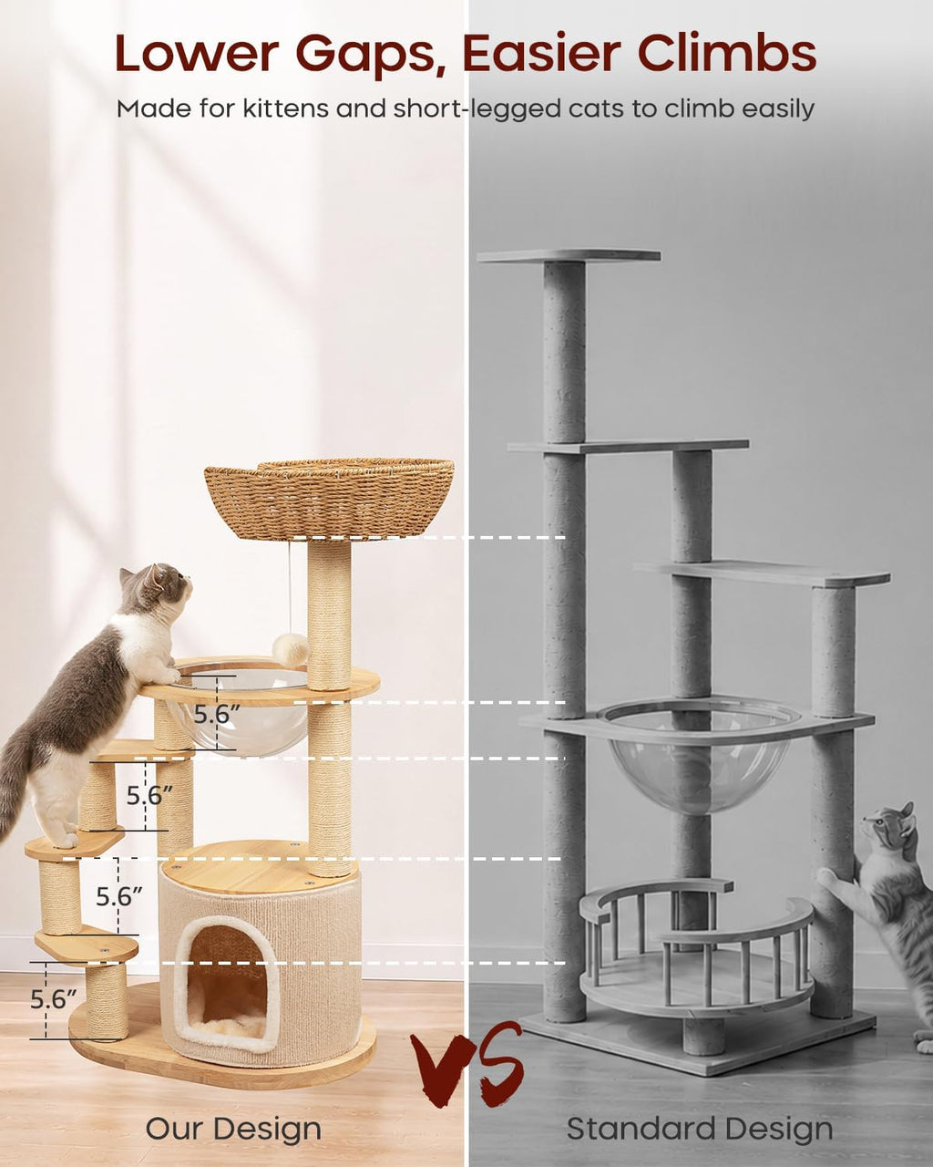 Solid Wood Cat Tree for Kitten & Munchkin, Modern Cat Tower with Low-Rise Steps, Indoor Multi-Level Aesthetic Boho Cat Furniture with Space Capsule, Condo, Hand-Woven Bed,for Minuet & Napoleon