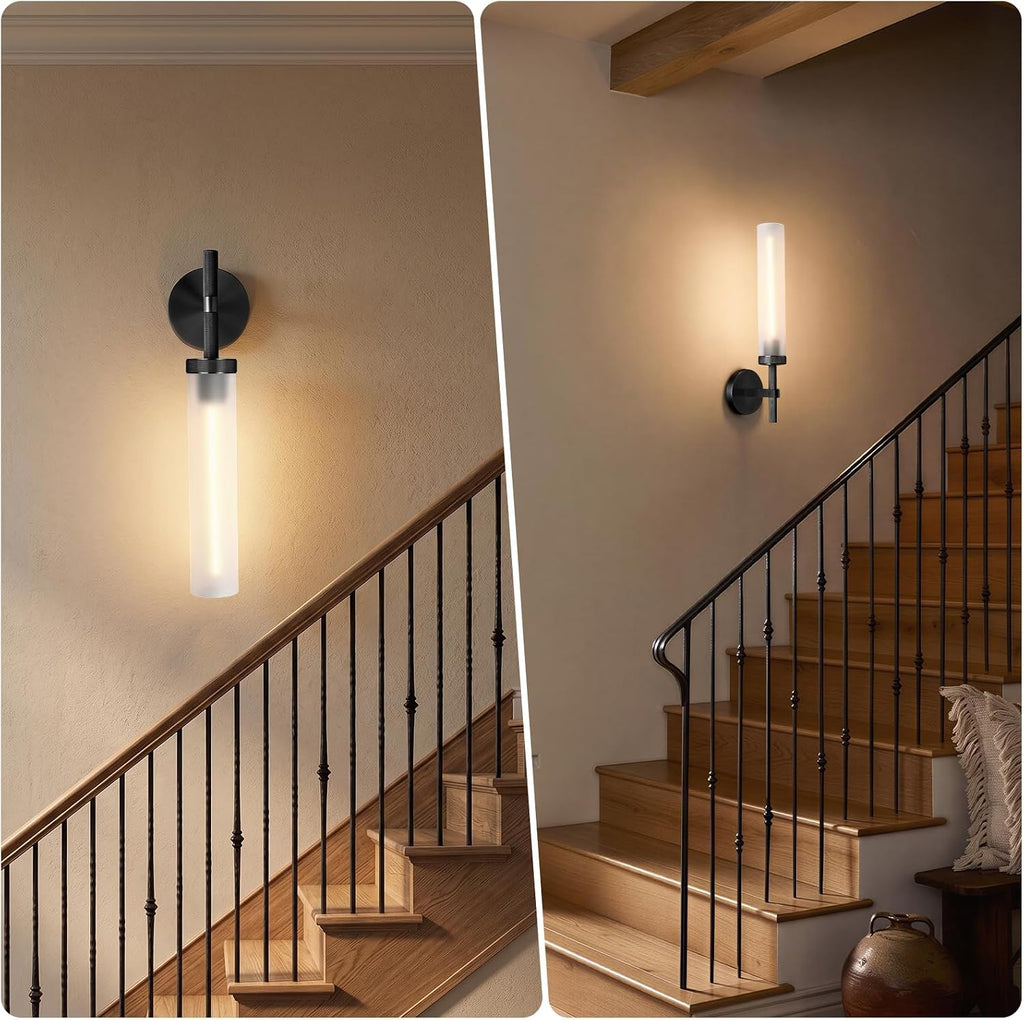 Black Knurled Wall Sconce, 20" Bathroom Wall Sconce 2Pc, Glass Tube and Brass Wall Sconces Lighting, Wall Light Mirror Sconces,Vanity Sconce Lights for Bath, Bedroom, Living Room, Hallway