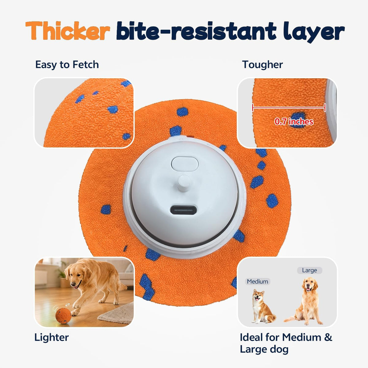 Interactive Moving Dog Toy Ball, 3 Automatic Bouncy Modes, Durable E-TPU Material for Chewing, Rechargeable and IPX7 Waterproof, Enrichment Smart Fetch Toy for Medium Large Dogs (Orange)
