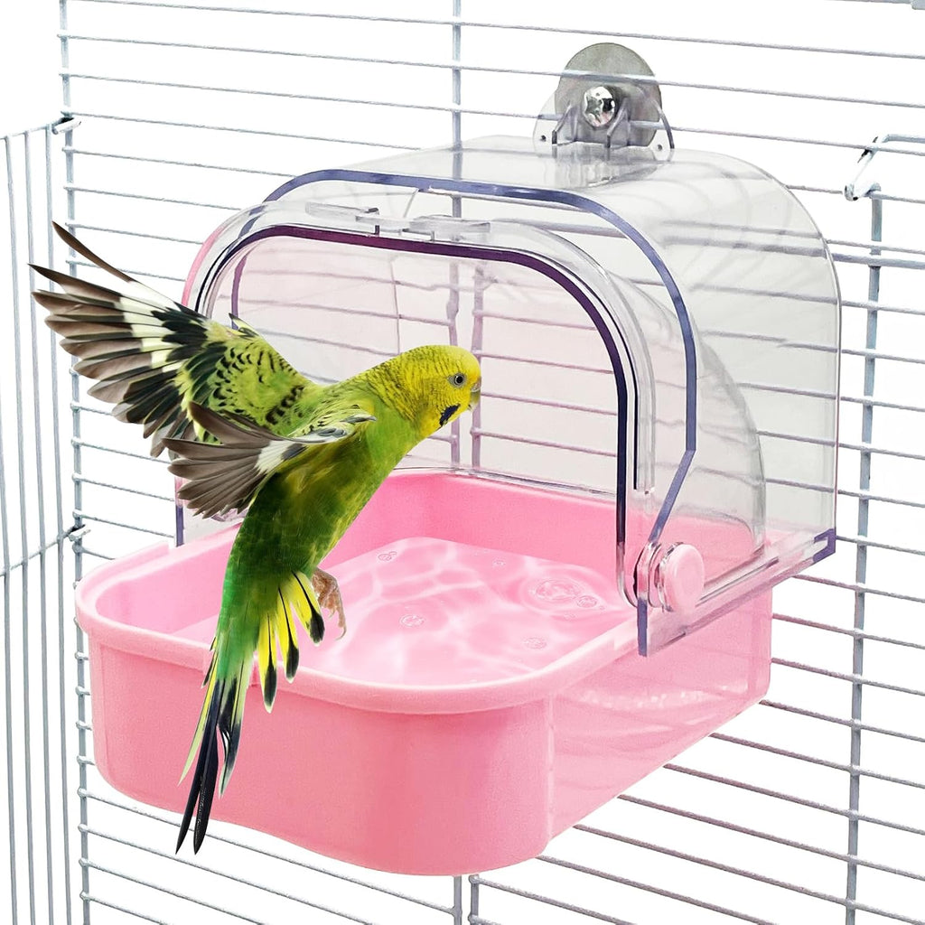 Tfwadmx Bird Cage Bath Hanging Parrot Bath Tub Water Shower Food Feeder Holder Tray Bird Bath Supplies for Small Birds Canary Budgies Cockatiel Lovebirds (Transparent)
