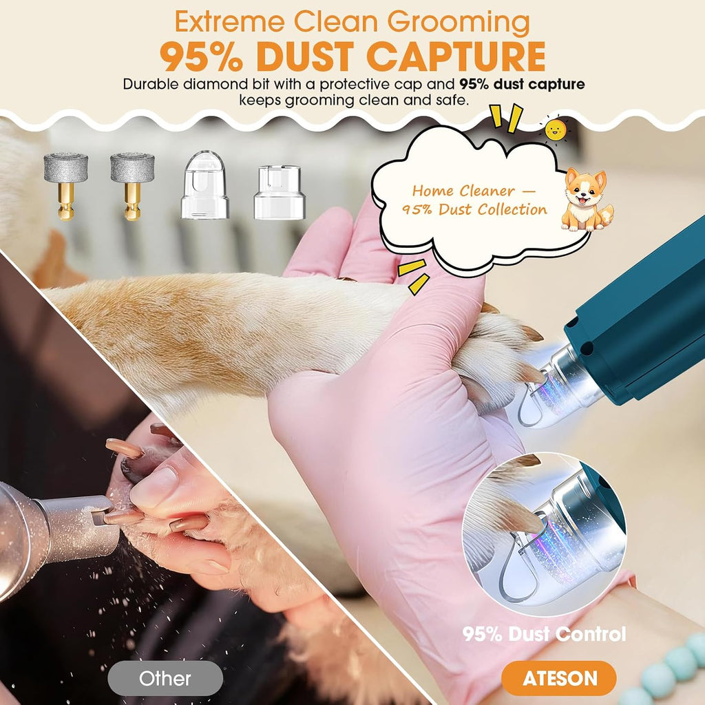 ATESON Dog Nail Grinder with LED Light, 6-Speed Quiet Electric Pet Nail Trimmers, Forward/Reverse, Electric Dog Nail Trimmer, 2000mAh Battery 8H Runtime, 95% Dust Capture for Dogs & Cats