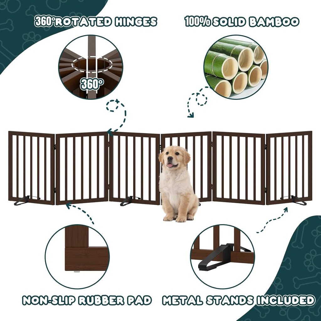 Semiocthome Bamboo Wood Dog Gate Indoor, 6-Panel Pet Gates with 4 Stands and 360° Hinge for Doorways and Stairs, Puppy Gate for The House, Fully Assembled Safety Fence 110" W x 24" H - Black Walnut