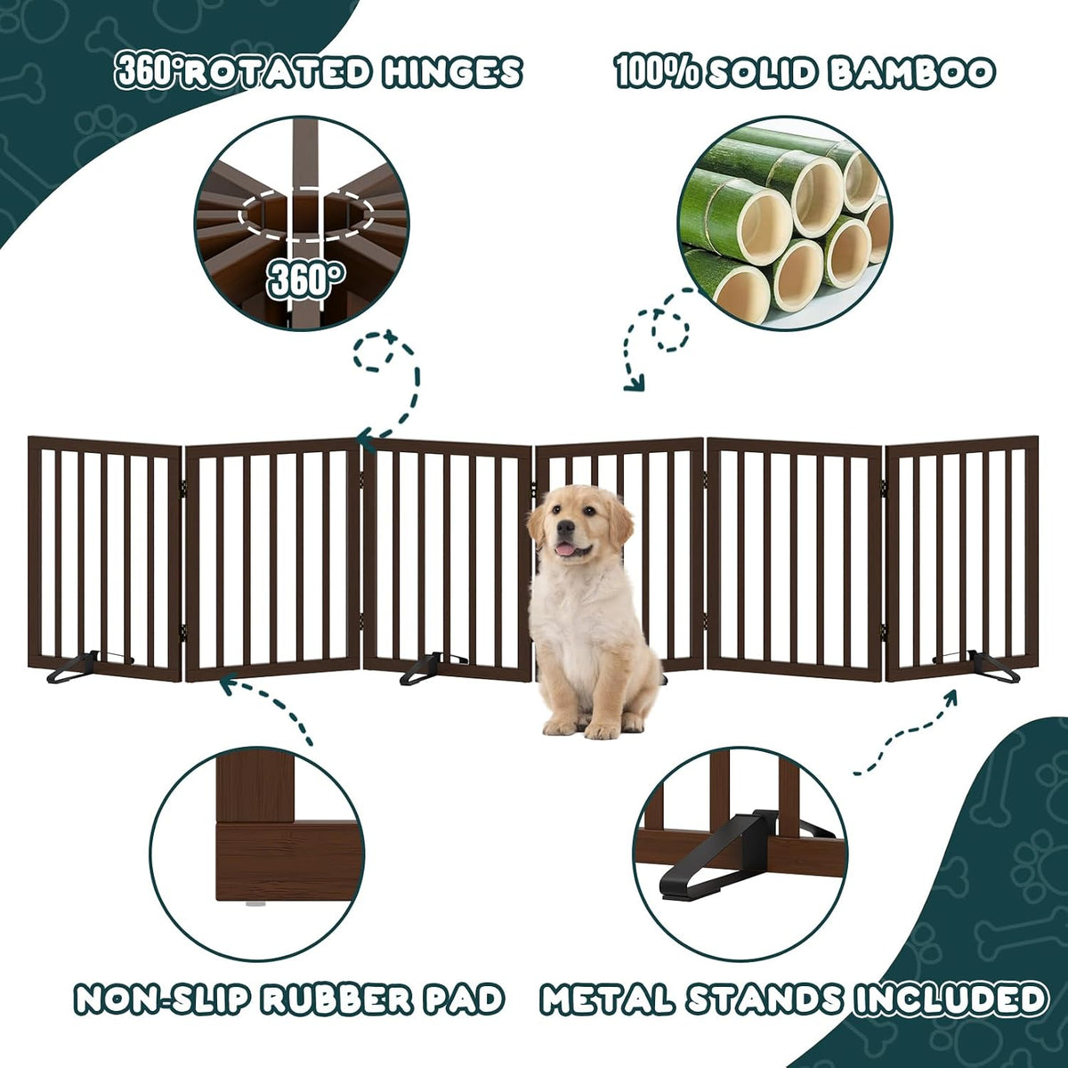 Semiocthome Bamboo Wood Dog Gate Indoor, 6-Panel Pet Gates with 4 Stands and 360° Hinge for Doorways and Stairs, Puppy Gate for The House, Fully Assembled Safety Fence 110" W x 24" H - Black Walnut