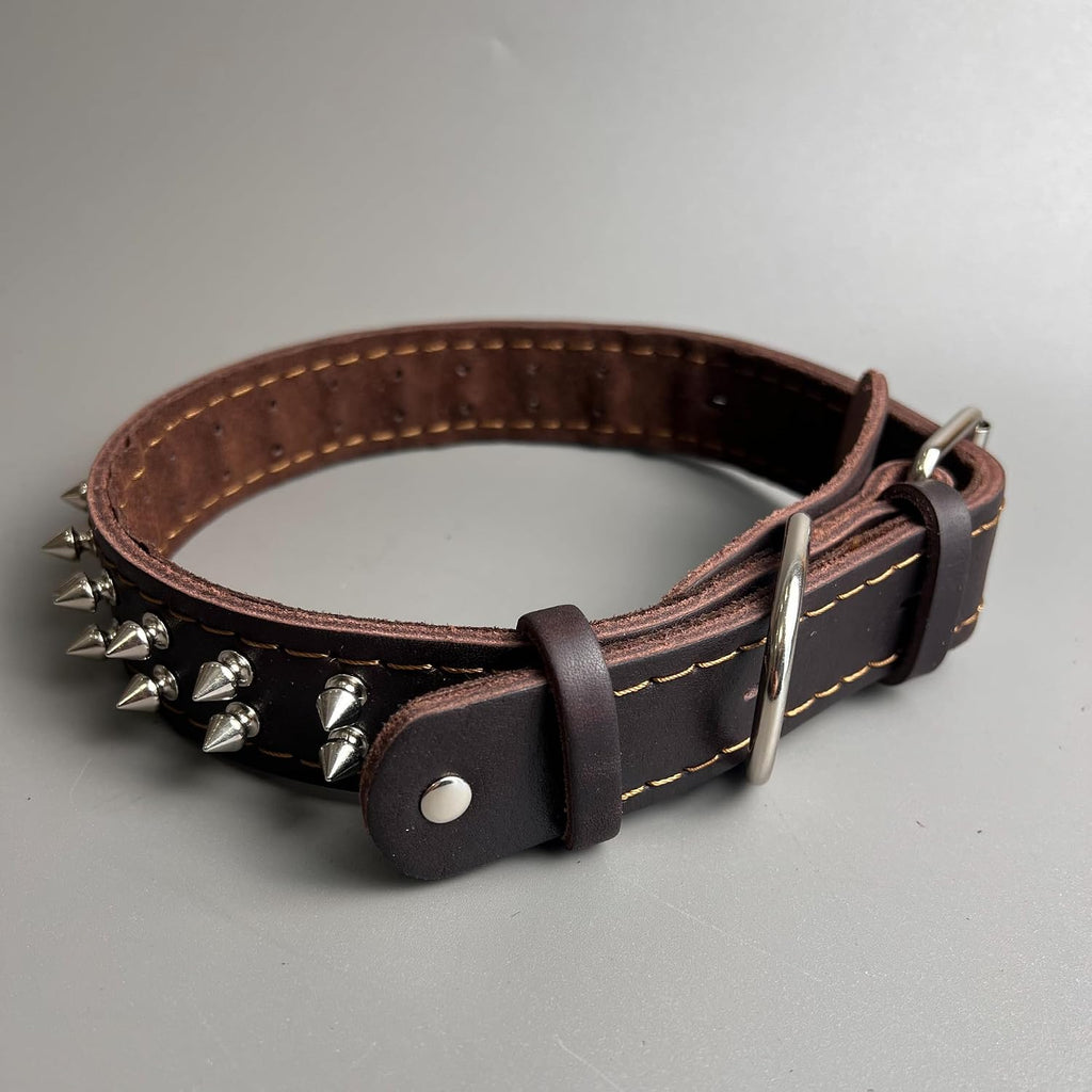 Leather Spiked Dog Collar Sturdy Durable French Bulldog Pit Bulls Doberman (Brown,XS-Neck 14-18in)