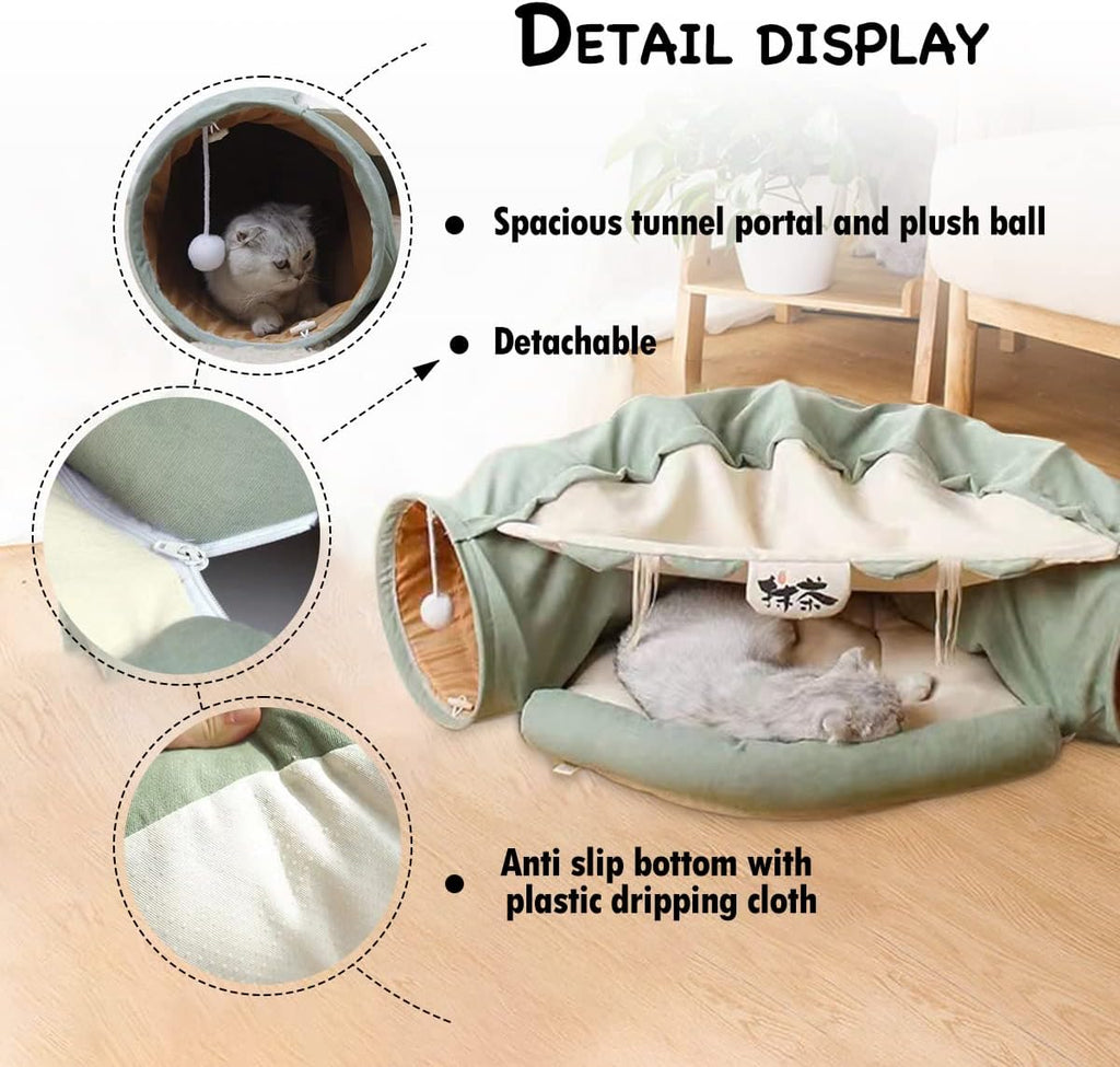 LEFTSTARER 2-in-1 Collapsible Cat Tunnel for Indoor Bed and Hideout - Pet Dog Rabbit Bunny Ferret Tunnel Tubes Toys with Removable Washable Mat, Tower Wheel Stuff