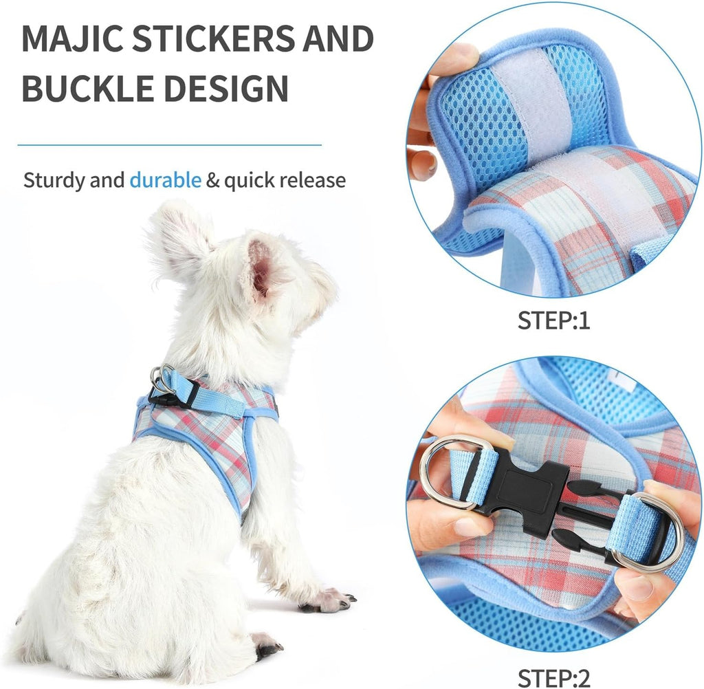 voopet Extra Small Dog Harness and Leash Lightweight Cat Comfort Padded Soft Mesh Vest Step in dog harness No Pull No Choke Reflective Small Plaid Girl & Boy Puppy Kitty Walking Harness, Blue XS
