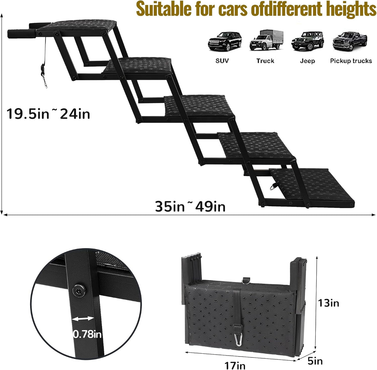 Foldable Dog Steps for Car SUV Truck - 5-Step Wide Stairs for Large Dogs
