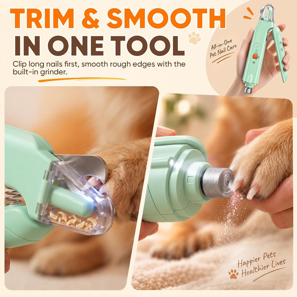 2-in-1 Dog & Cat Nail Clipper with Grinder, LED Light Rechargeable Grooming