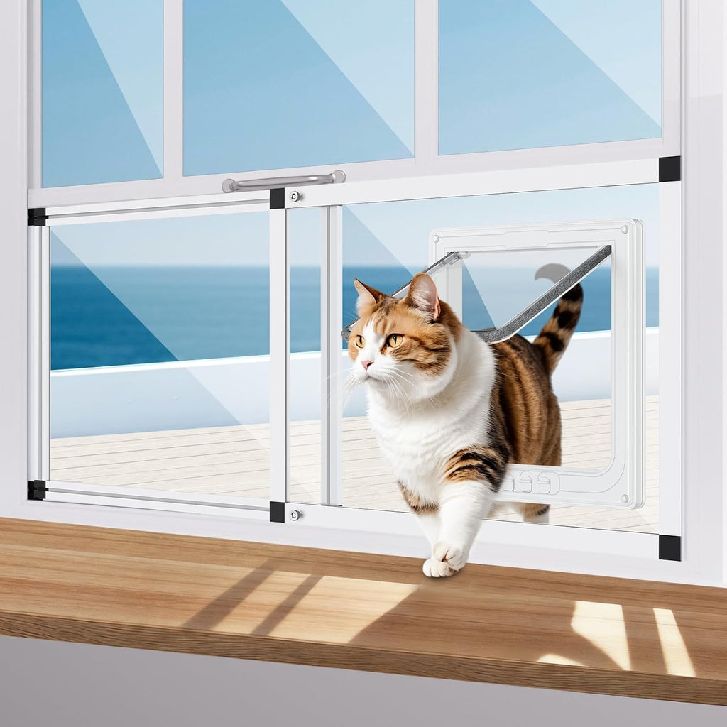 Unbreakable PC Cat Door for Window – 100% Polycarbonate | No Metal Frame & Glass | Fits 22"-28.5" Width Window, 1-Min Install, Adjustable Window Cat Door Insert with 4 Locking Models