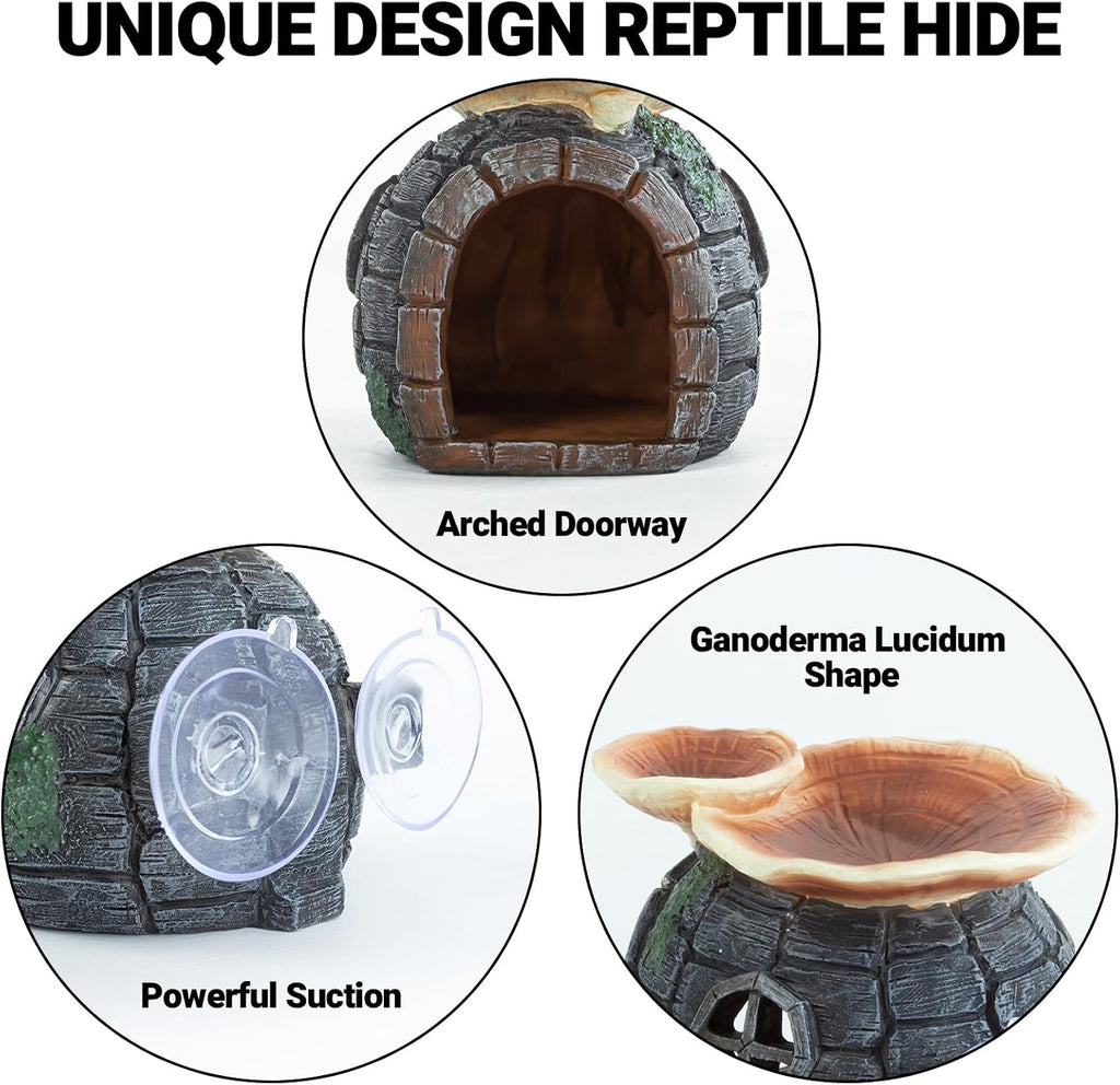 REPTI ZOO Reptile Hide, Multifunctional with Suction Cup, Resin Reptile Hides, and Caves for Reptiles, Gecko, Lizard (Ganoderma Lucidum Shape)