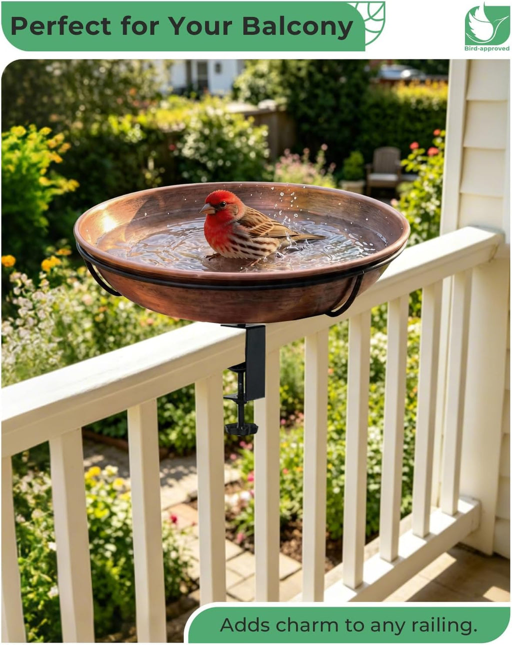 Deck Mounted Bird Bath with Adjustable Clamp, Removable Metal Bowl