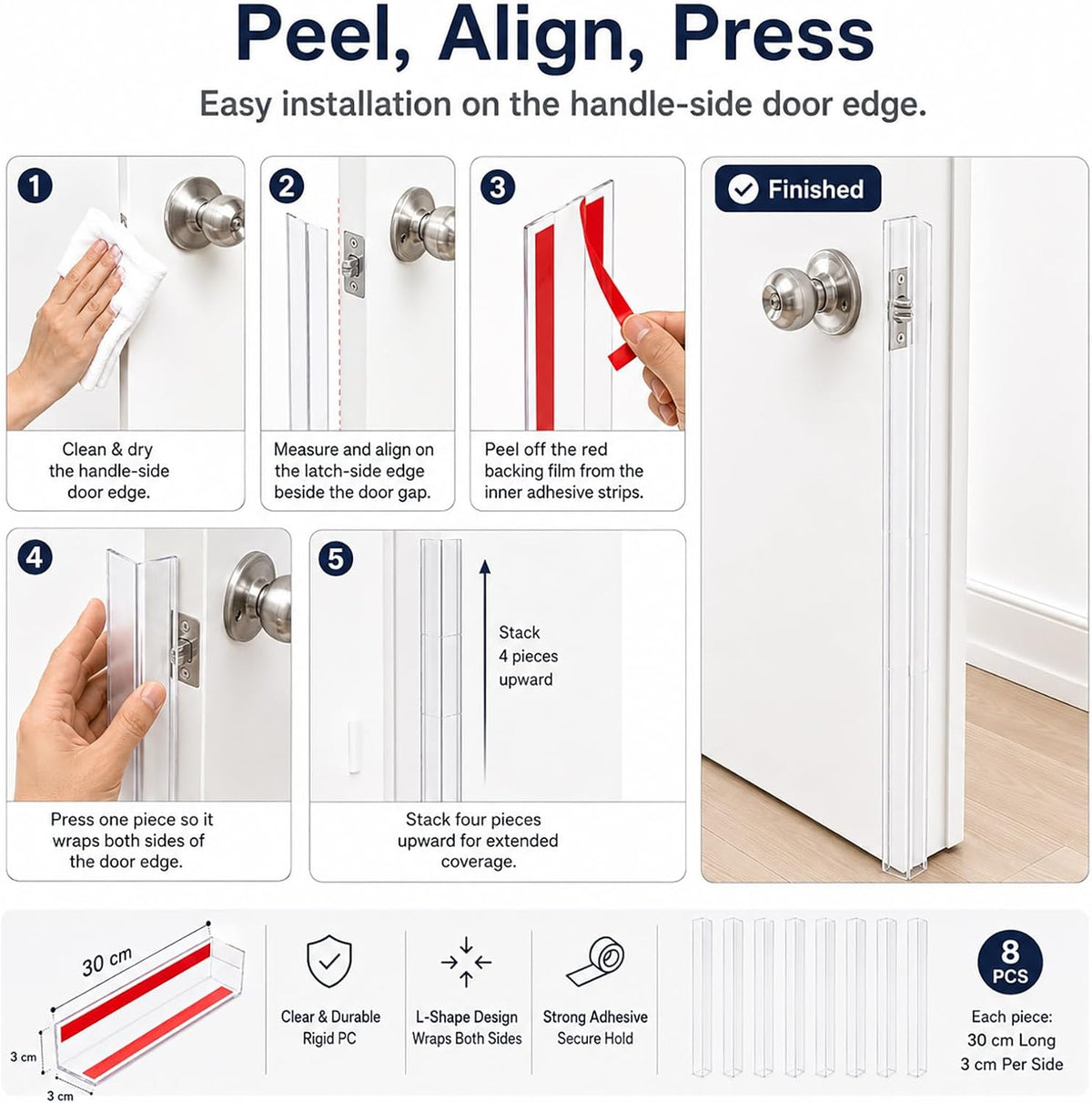 Door Frame Protector Dog Chewing: 8 Pack Clear PC L-Shaped Door Edge Guards, Self-Adhesive Door Gap & Jamb Protector for Dogs Scratching, Chewing, Clawing, 11.8 x 1.18 in Each Side (8, 11.8inch)