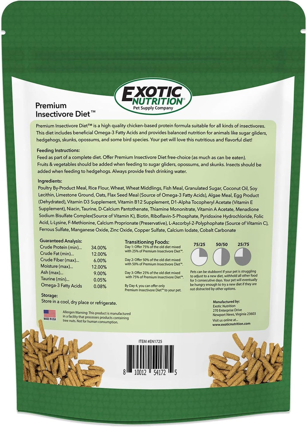 Premium Insectivore Diet (1.25lb) - Healthy Nutritious Chicken Based High Protein Pellet Diet - for Sugar Gliders, Hedgehogs, Opossums, Skunks & Other Insectivores