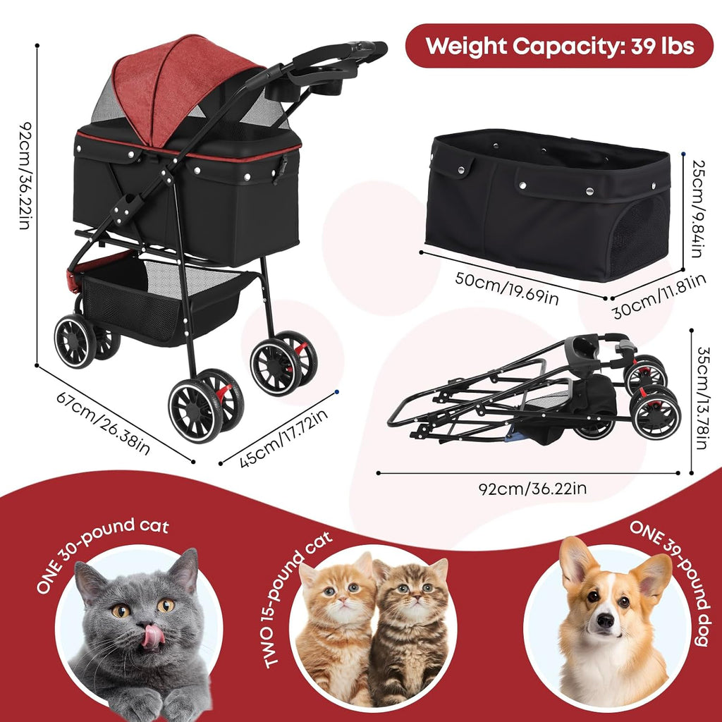 Pet Stroller,Dog Stroller for Small Medium Dogs Cats,3 Wheels,Red+Black