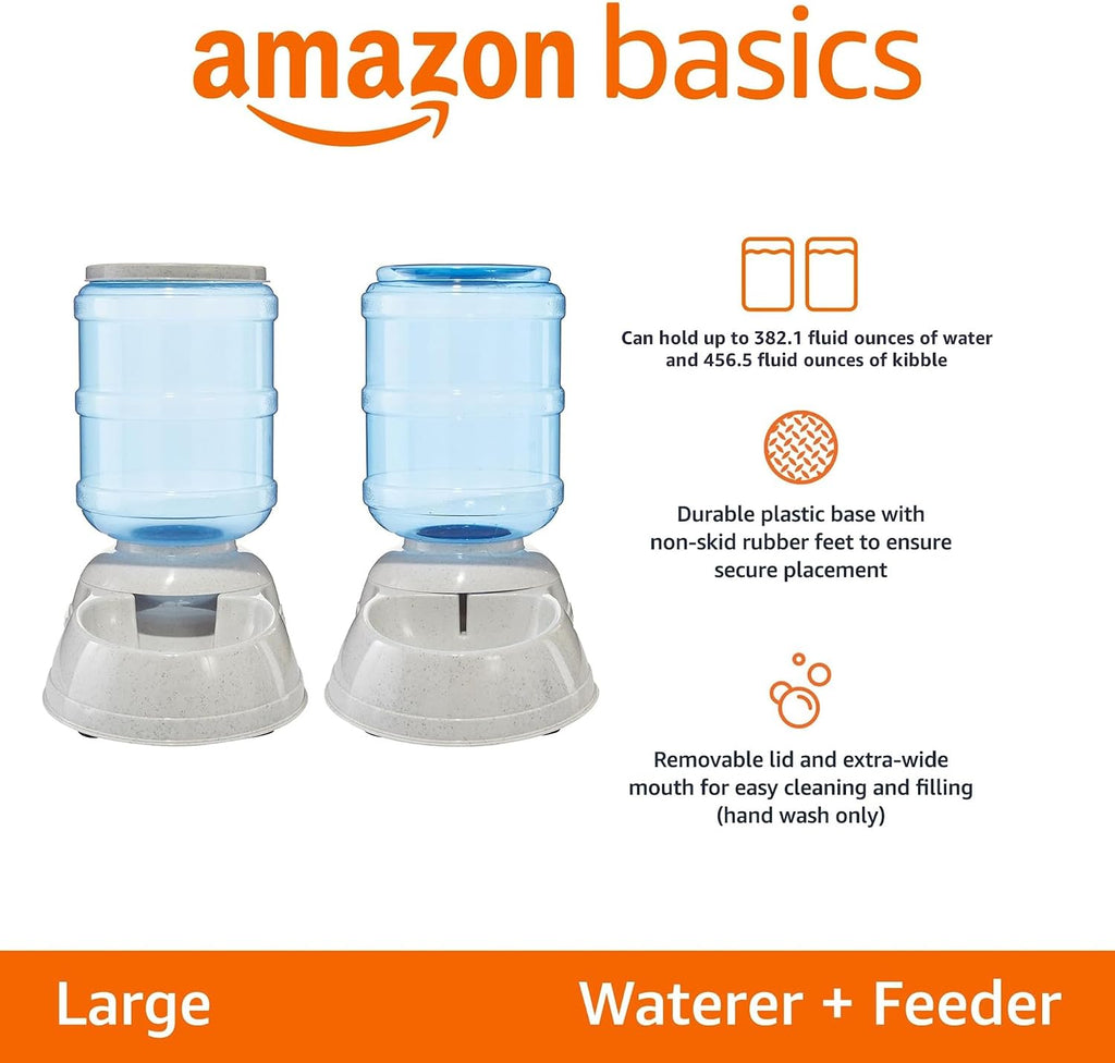 Amazon Basics Large Capacity Automatic Pet Water Dispenser and Gravity Feeder Set, Easy to Clean, 456.6fl.oz Food, 382.1fl.oz Water, Pack of 2