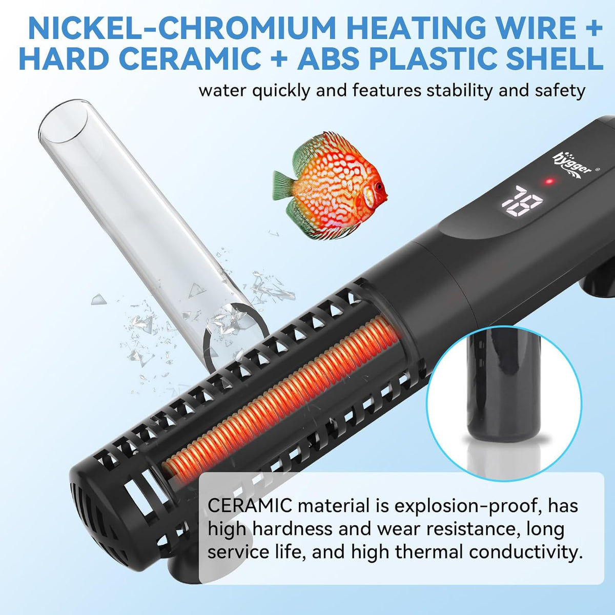 hygger Ceramic Submersible Aquarium Heater, New Explosion-Proof Fish Tank Water Heater with External Temp Controller Auto Thermostat Heater for Saltwater Freshwater (100W for 5~20 Gallon)