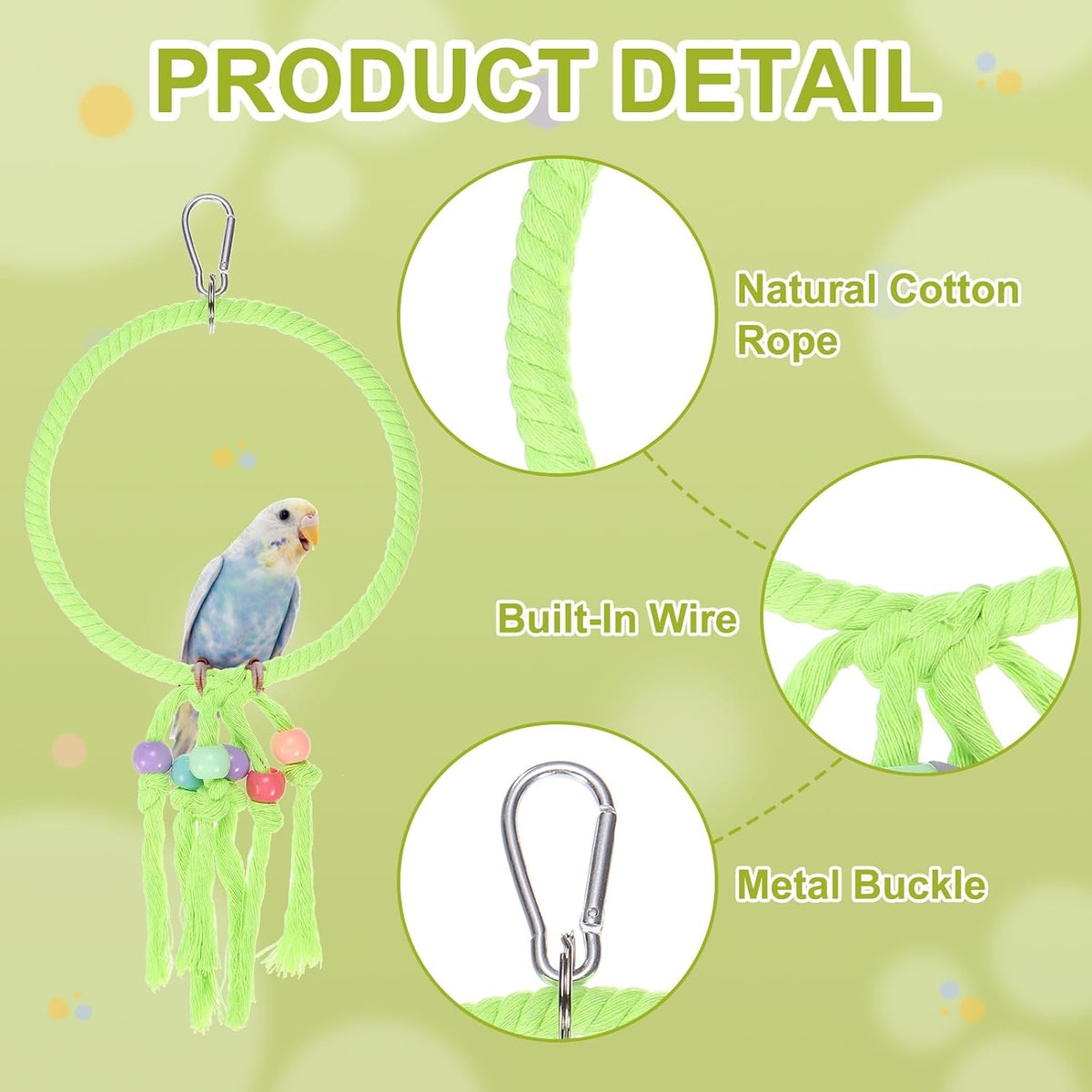 14" Bird Rope Perch Swing Rope Ring Perch Standing Pole, Green