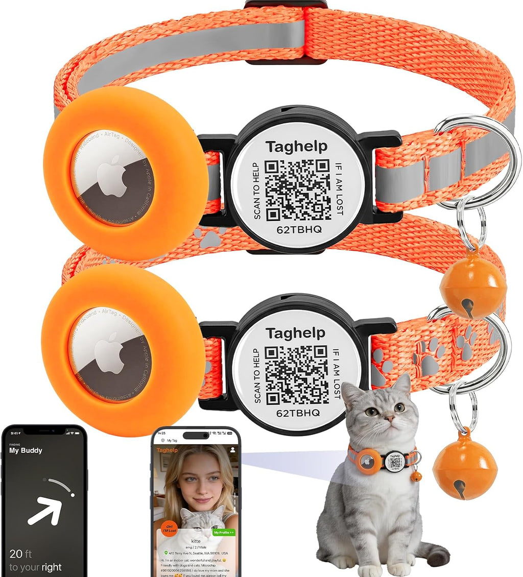 2 Pack Airtag Cat Collar,Reflective Breakaway with Smart QR Code,Orange