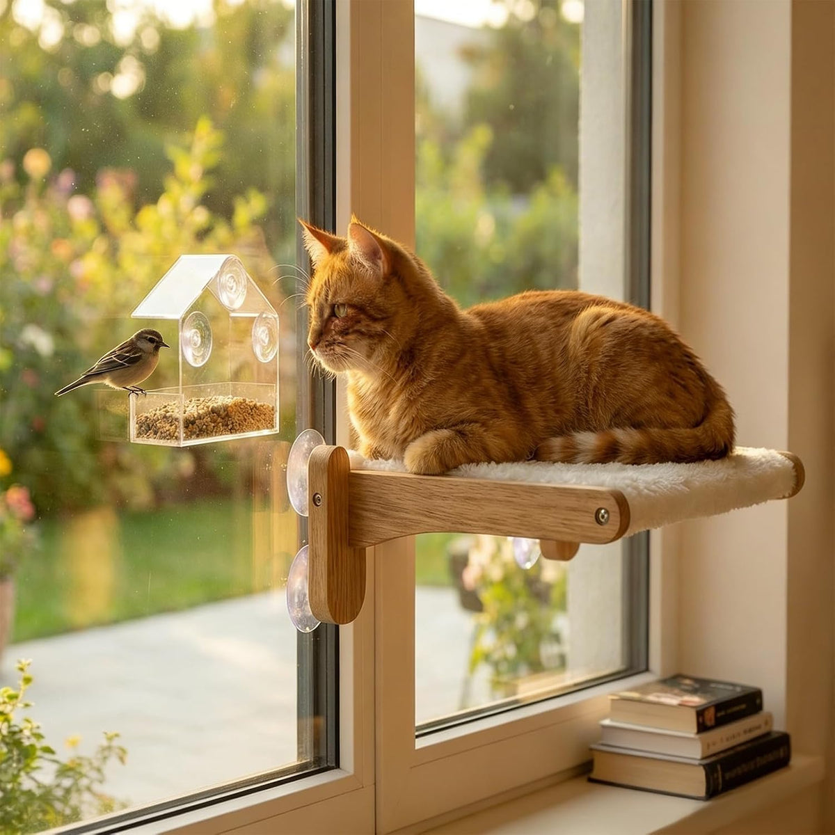 Cat Window Perch with Bird Feeder,Suction Cup Window Cat Bed for Large Cats