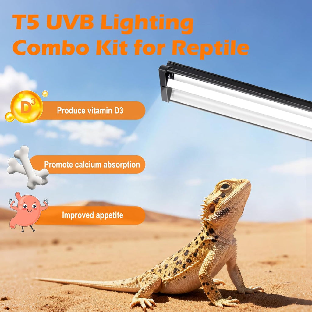T5 UVB Reptile Light Fixture Combo Kit 8W 10.0 – Complete HO UVB Light for Reptiles with 12.44" Terrarium Hood, Desert UVB Bulb for Bearded Dragon Gecko Tortoise Lizard – Easy to Install and Use
