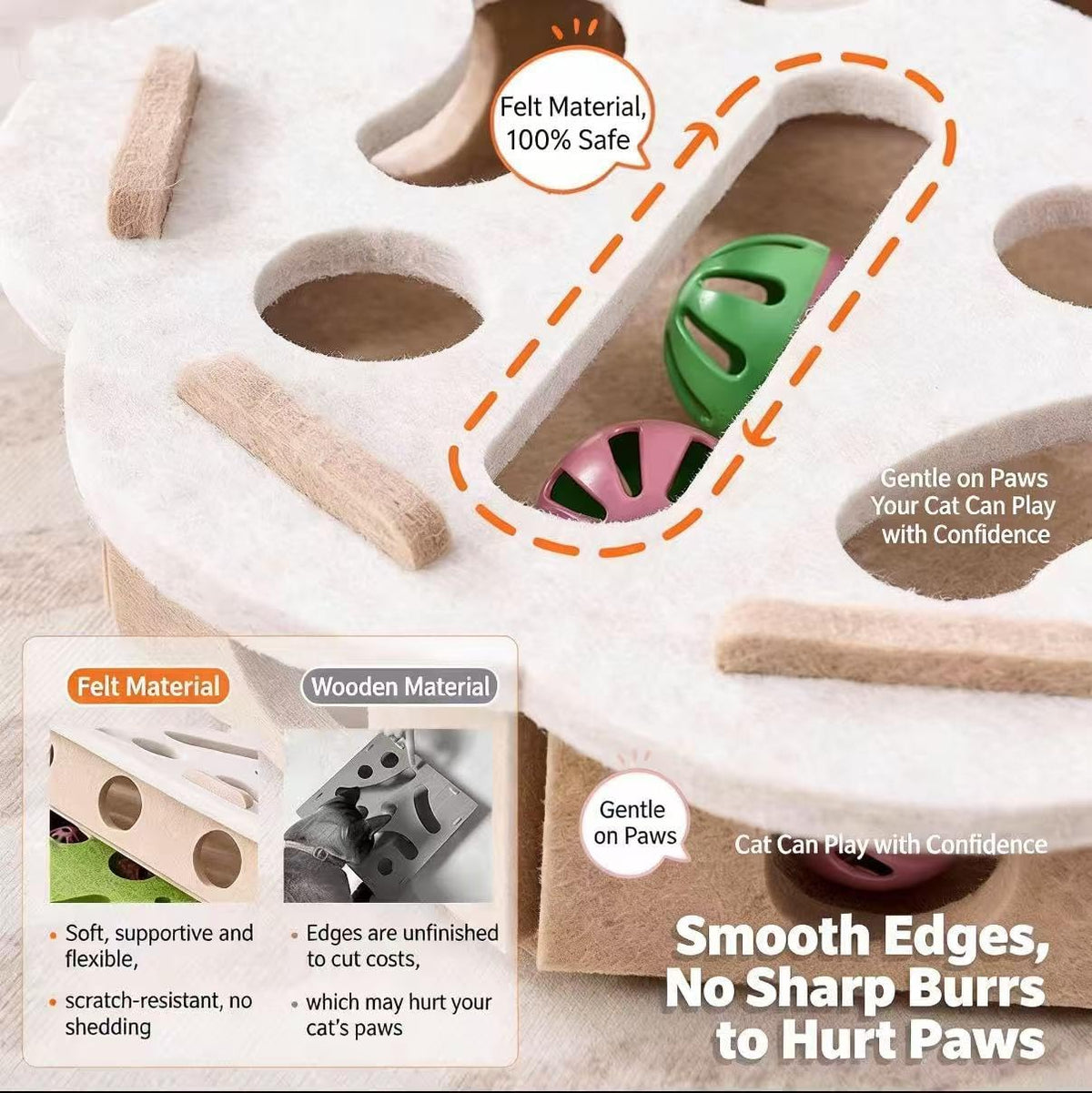 Interactive Cat Puzzle Toy, Cat Scratch Puzzle Enrichment Box with Bell, Felt Maze Box, Mental Stimulation Toy for Cats, Self Play Fun Exercise Hide Seek Moving Cat Toy for Bored Cats