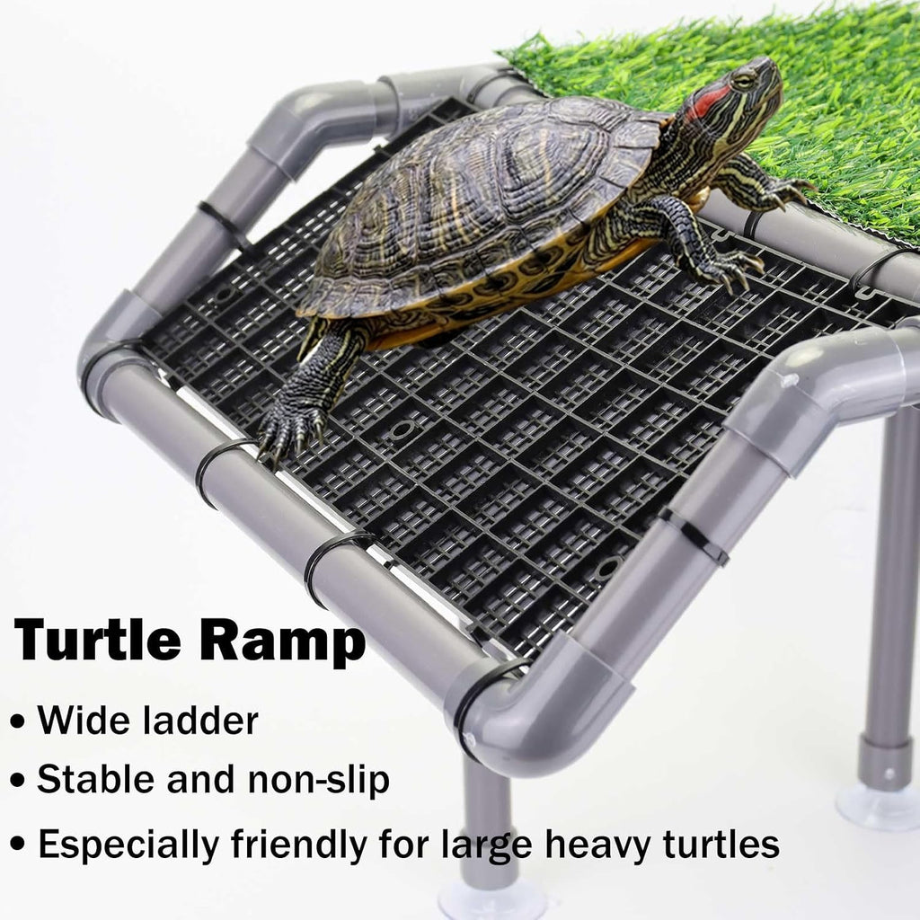 Turtle Basking Platform, Extra Large Turtle Dock with Artificial Grass and Non-Slip Ramp, 13.4" x 10" Resting Area Fits 75/90/120 Gallon Tanks