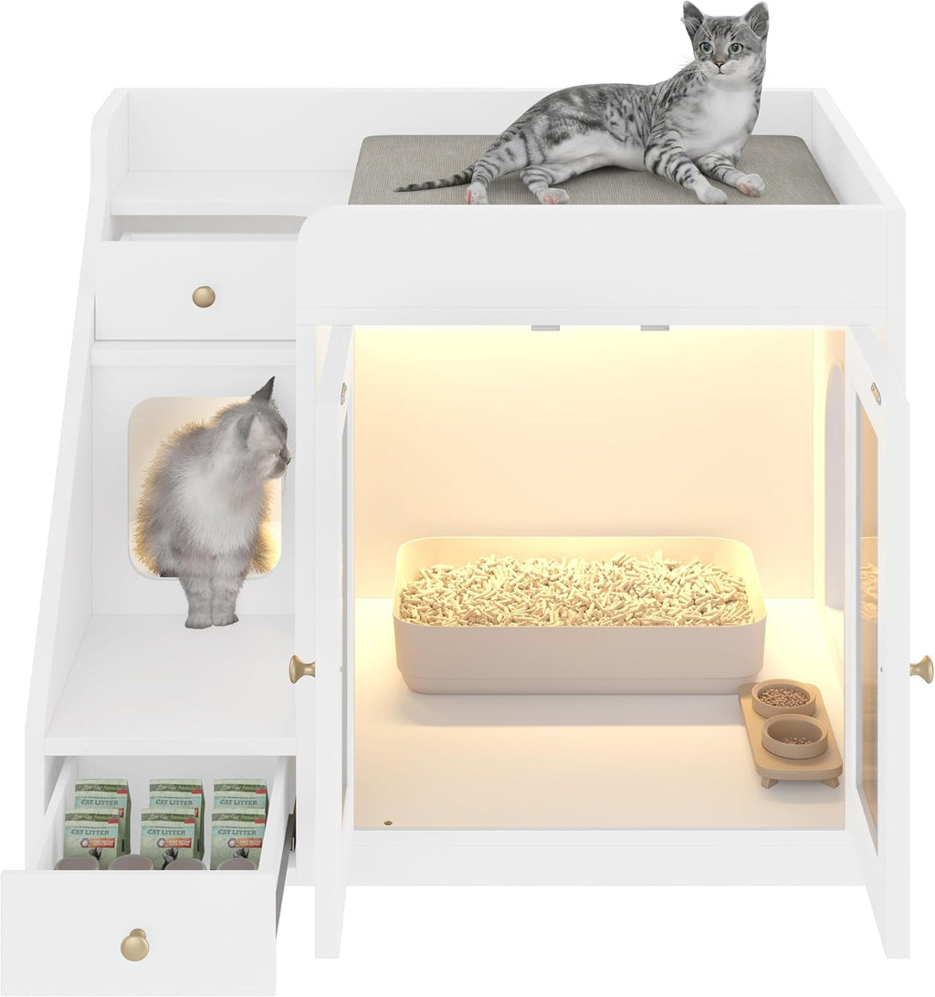 Cat Litter Box Enclosure with Light, Hidden Litter Furniture with Dual Storage Drawers, Indoor Feline House Side Table for Living Room Bedroom, Modern White Cabinet