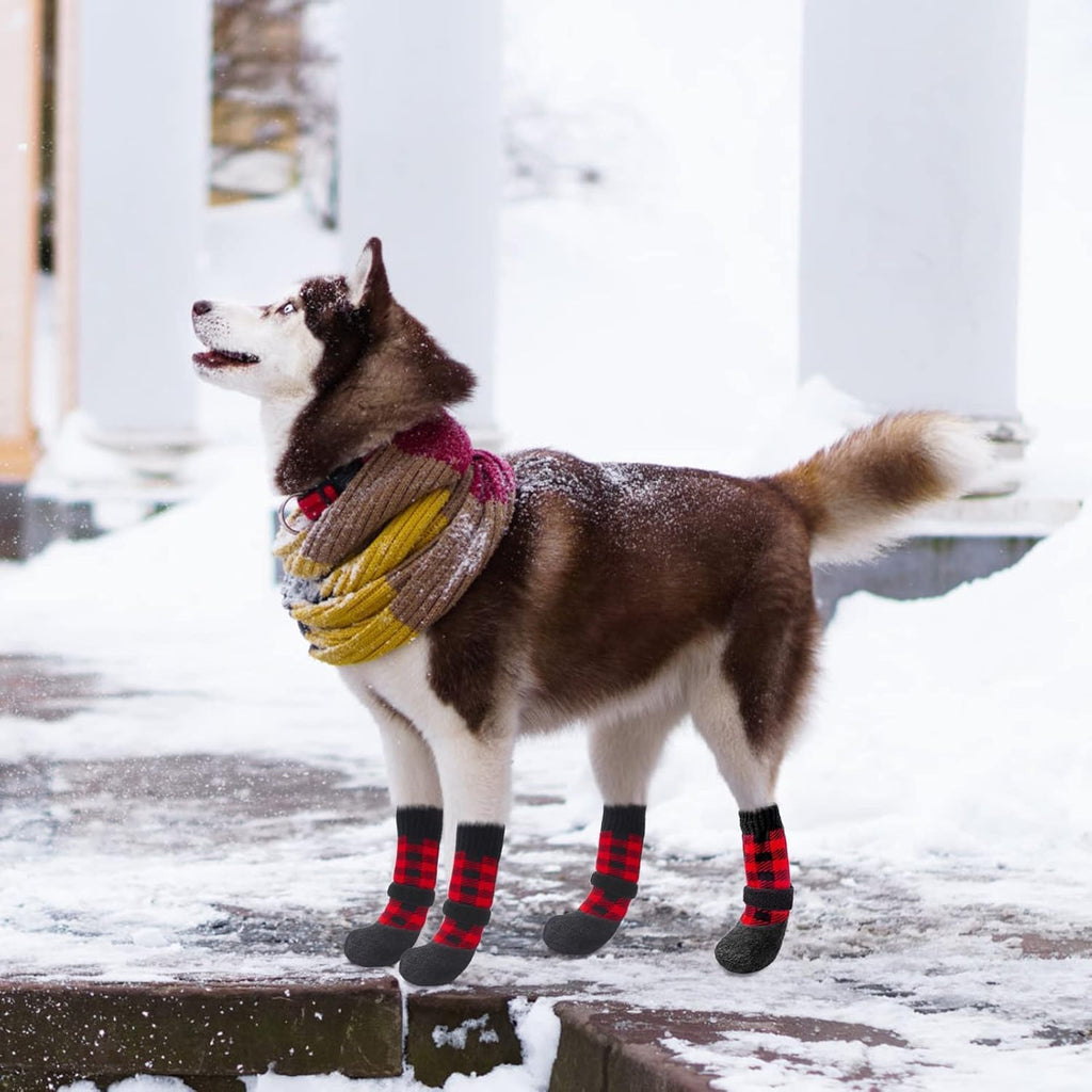 BINGPET Anti-Slip Dog Socks, Waterproof Plaid Dog Paw Protector with Adjustable Straps, Thick Fleece Padded Warm Pet Doggy Socks for Cold Weather Winter