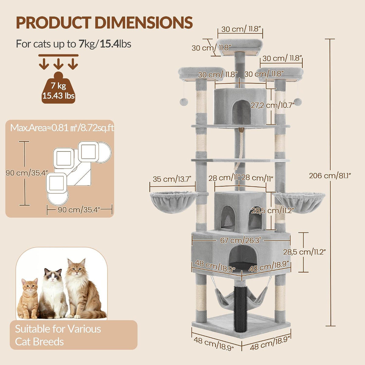 Cat Tower, 81.1in Cat Tree for Indoor Cats Large Adult Light Gray