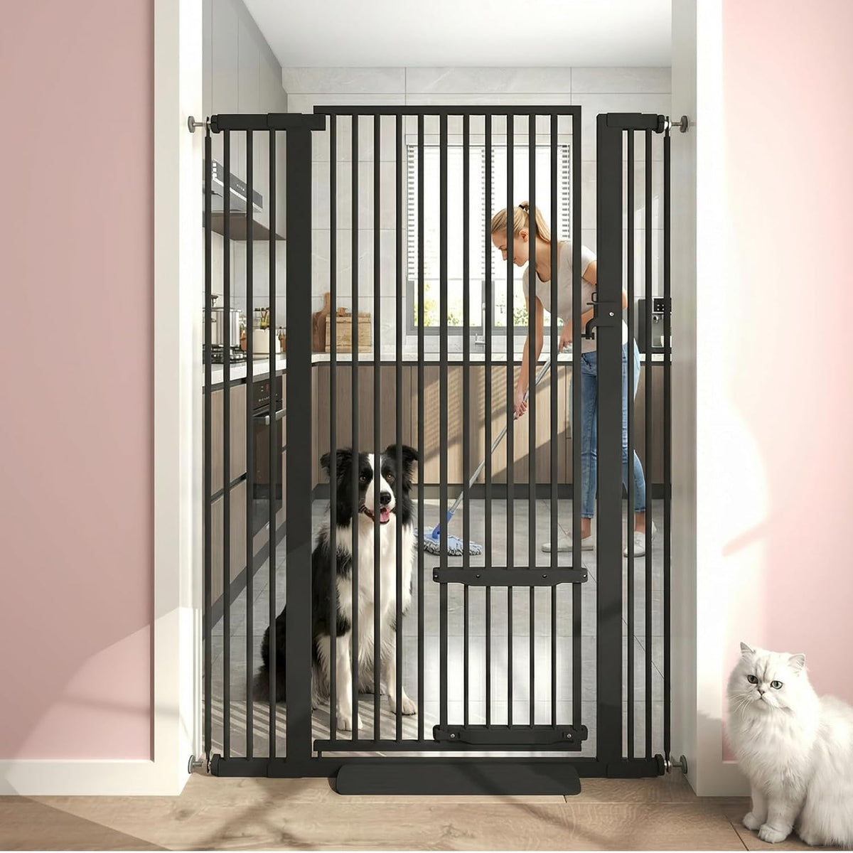 71" Extra Tall Cat Gate 29.5-40.6 Wide Pet gate with Small Cat Door,Pet Gate NO Drilling Pressure Mount Kit for Cats and Dogs Indoor Doorways liveing Room Bedroom