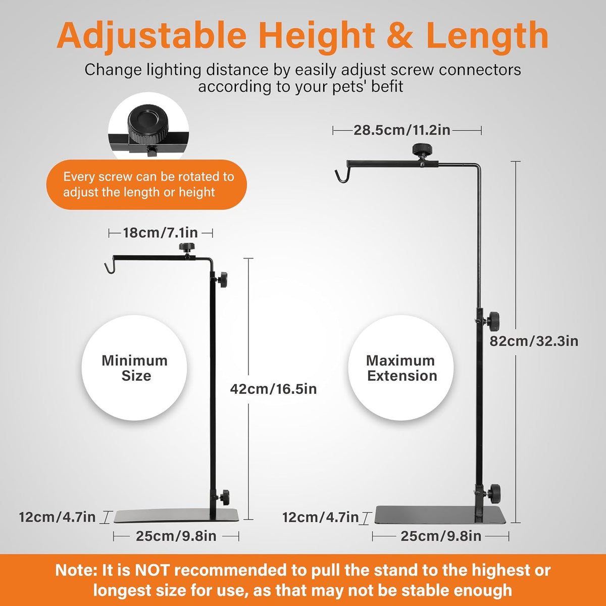 Simple Deluxe Reptile Light Stand Adjustable 16-32 inch Floor Lamp Holder, Metal Bracket for Reptile Tank & Terrarium Heating Light