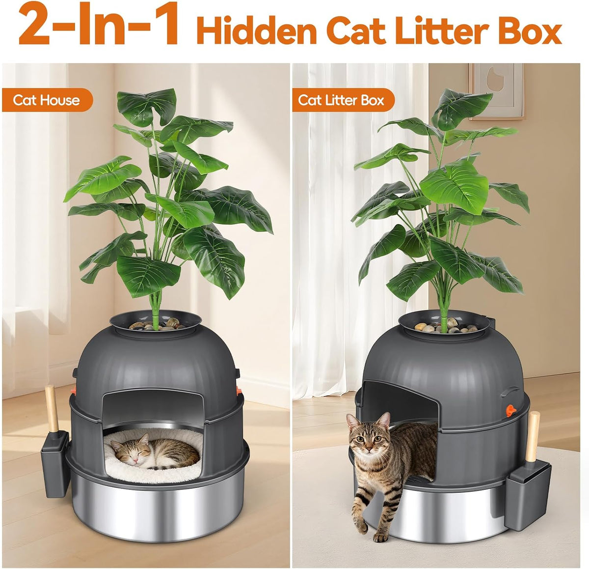 Three-Section Hidden Cat Litter Box, Stainless Steel Litter Box, Cat Litter Box Hidden with Faux Plant & Scoop, Vented Filter for Odor Control, Hidden Litter Box Furniture, Home Decor (Grey)