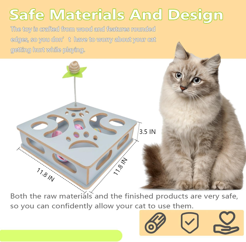 Interactive Wooden Cat Puzzle Toy Box Indoor Hunting Play Toy to Stimulate Your Cat’s Energy and Instincts (Blue)