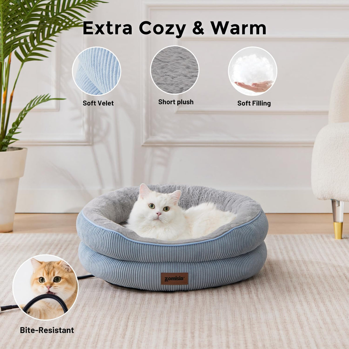 ZOMISlA Heated Cat Bed for Indoor Cats, 25 Timer & 11 Temp Adjustable, Grey
