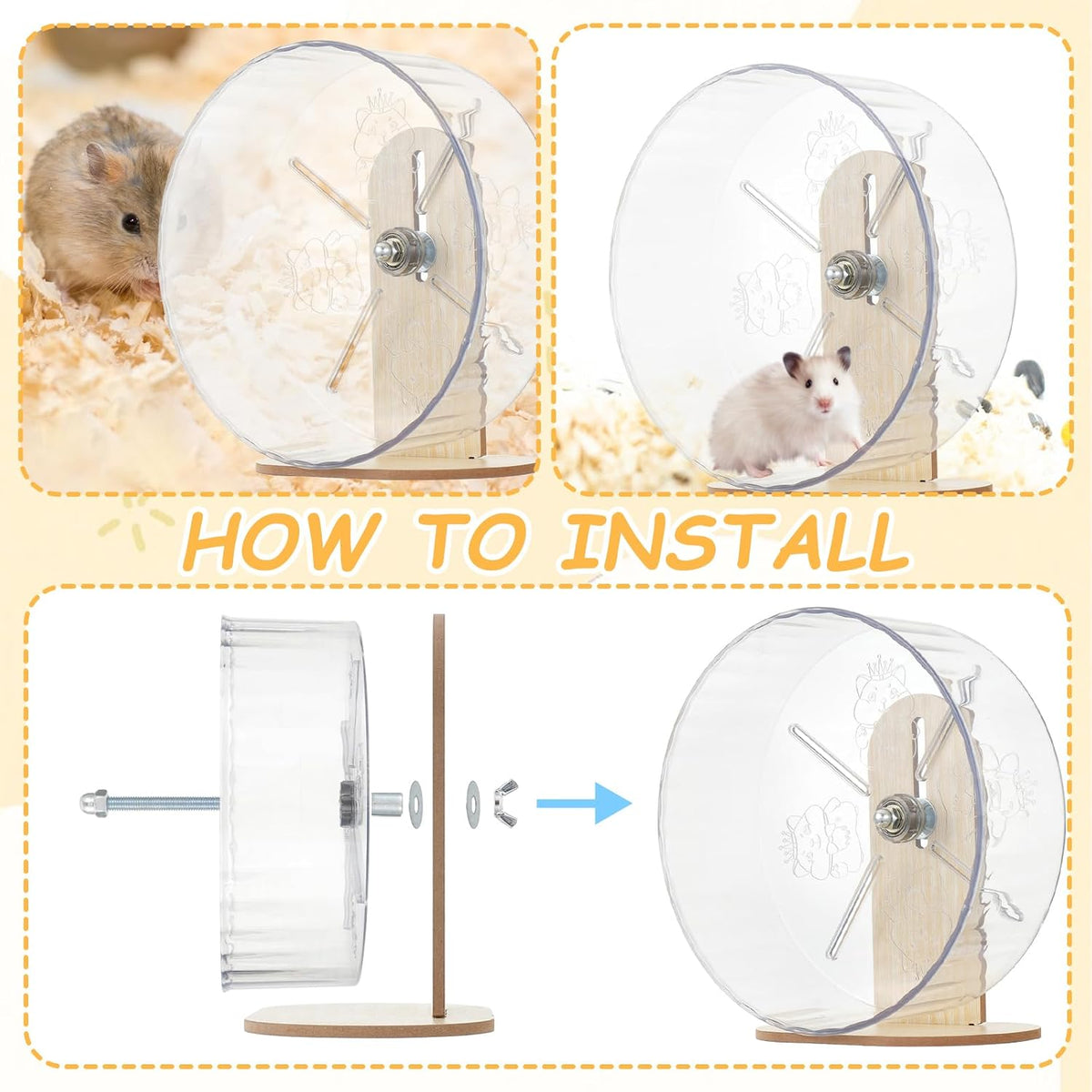 Hamster Toys Complete Set - Noiseless Silent Exercise Wheel, Maze Wood House, Stand, Chew Toys & Water Bottle Cage Accessories for Hamster, Rat, Mice Small Animal Habitat