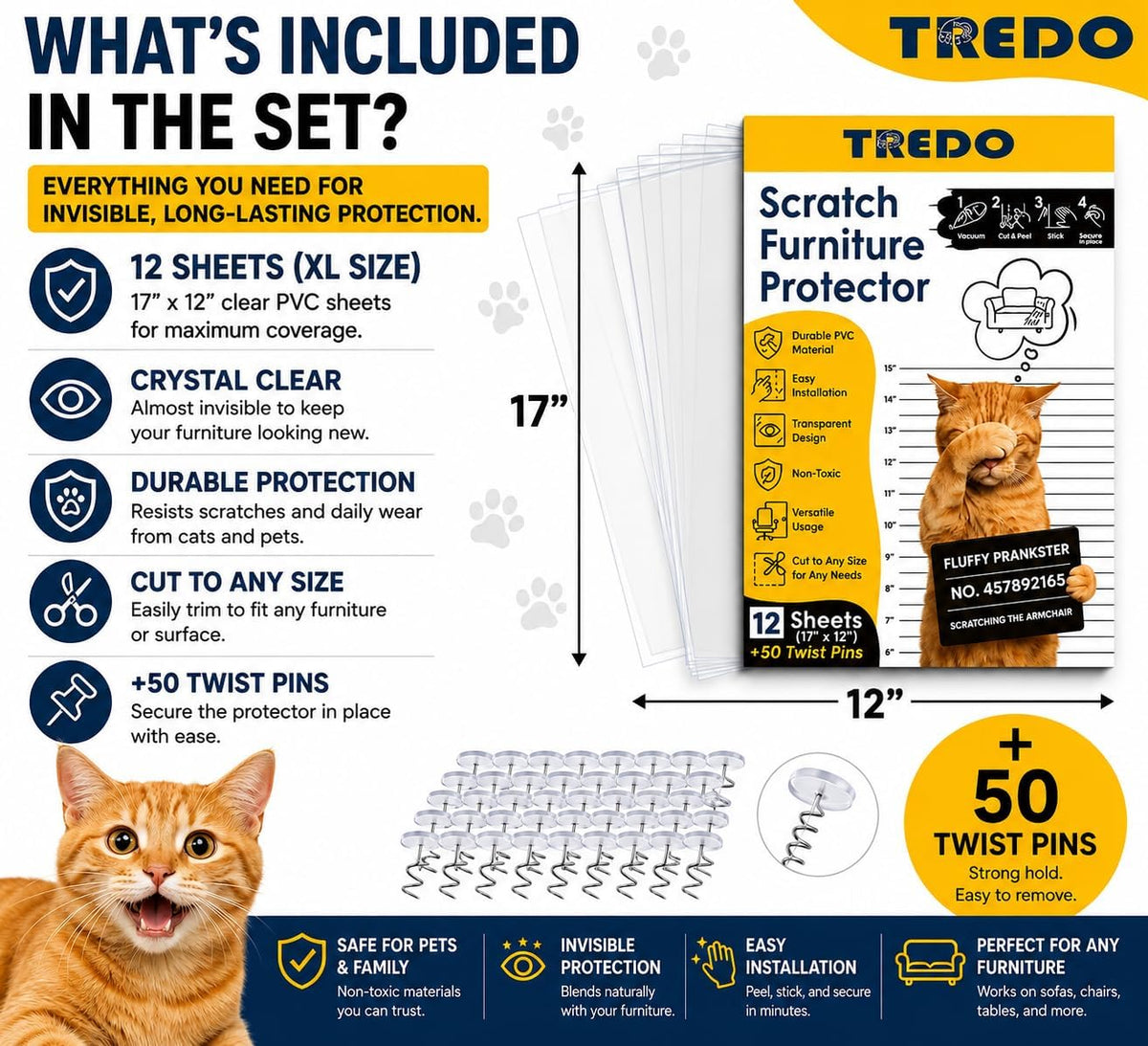 TREDO Cat Scratch Couch Protector 12 Pack, 17 x 12 in, 50 Twist Pins