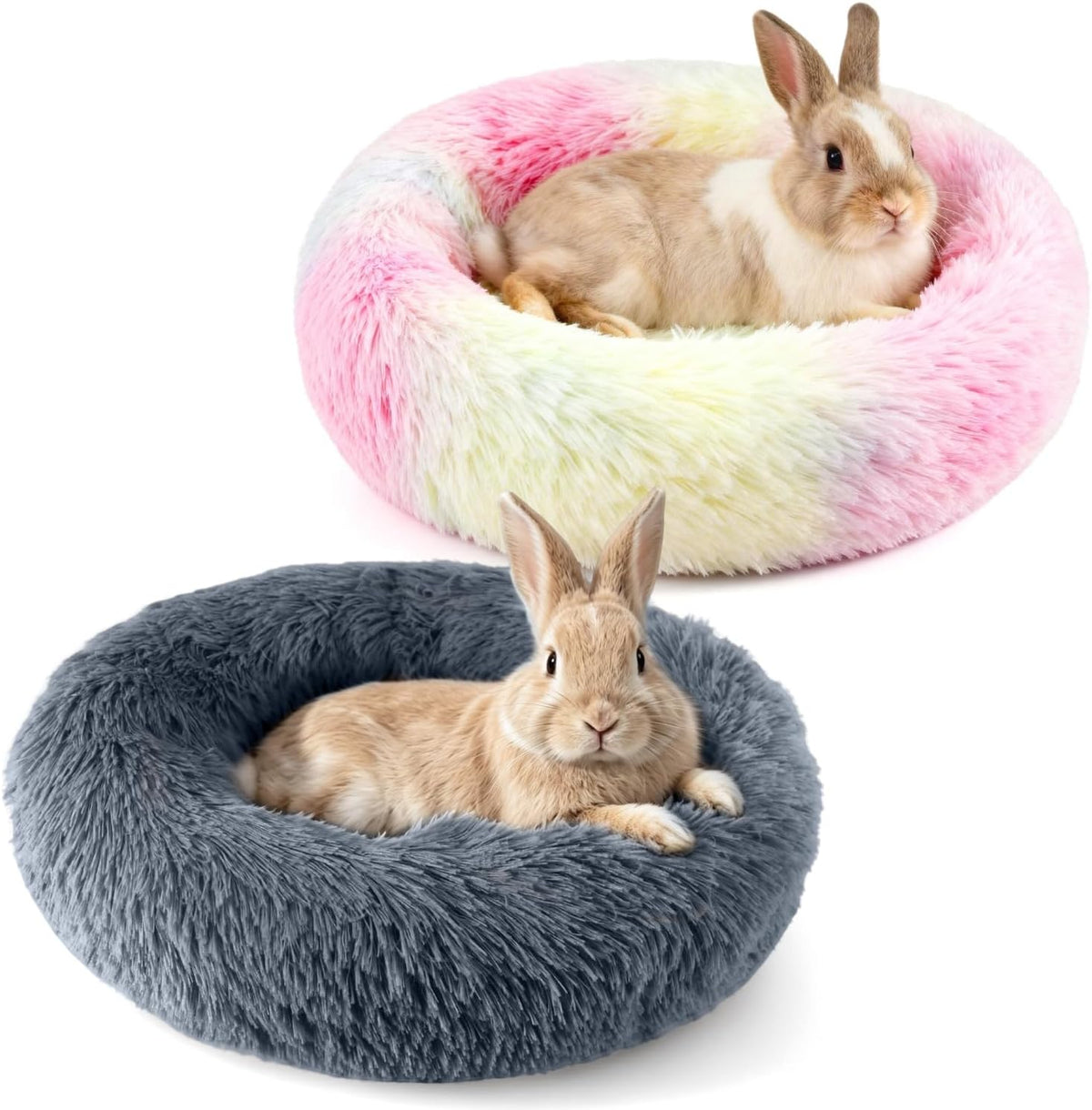 2 Pack Rabbit Bed, Fluffy Donut Shaped Bunny Hideout Comfort Sleeping Mat