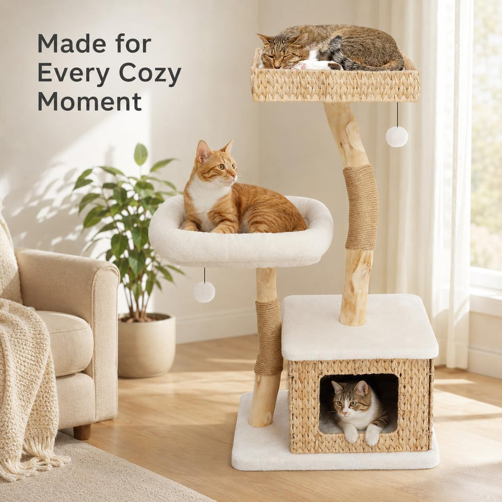 39” Modern Cat Tree Tower for Indoor Cats - Multi-Level Solid Wood Cat Condo w/Caves, 2 Large Perches, Scratching Posts, Hanging Toy for Large Cats Adult - Luxury Boho Pet Furniture