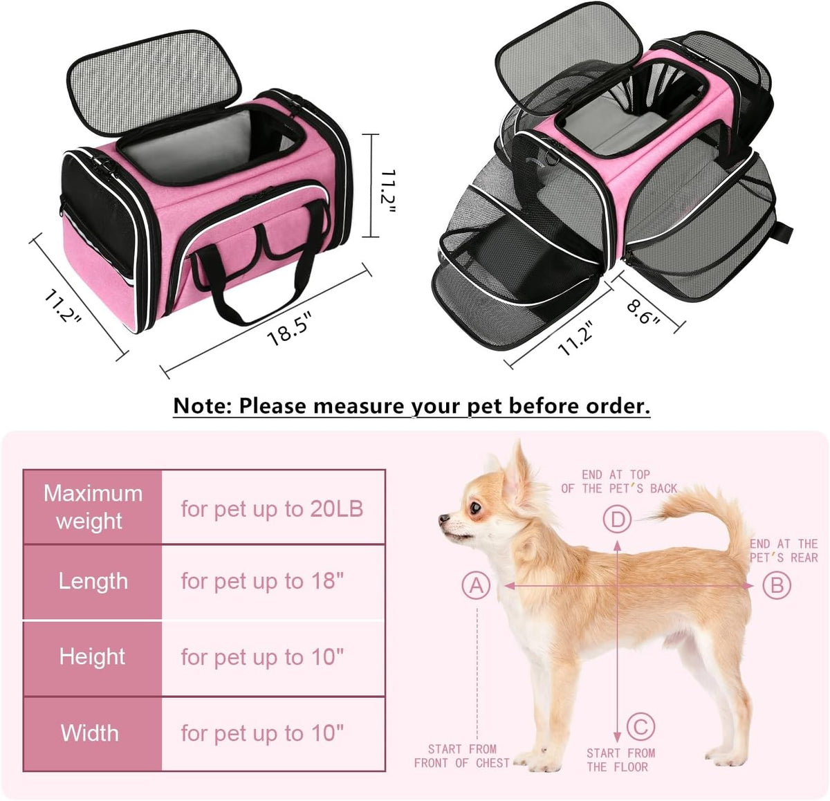 Estarer Soft Sided Pet Carrier Airline Approved, 4 Sides Expandable Collapsible Cat Carrier with Pockets & Removable Fleece Pad, Travel Carrier Bag for Cat Dog & Small Animals (Pink)