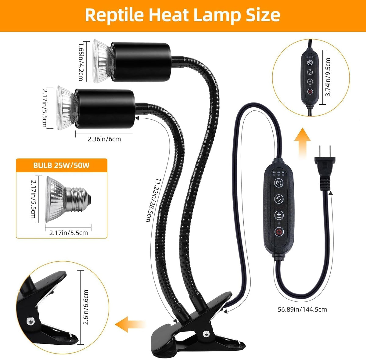 Turtle Basking Light (Cycle Timer), Tortoise Lamp UVA UVB Heat Bulbs -2 Pack 50W+ 2 Pack 25W, 360°Rotatable Turtle UVA/UVB Basking Heat Light Bulb for Lizard, Beared Dragon