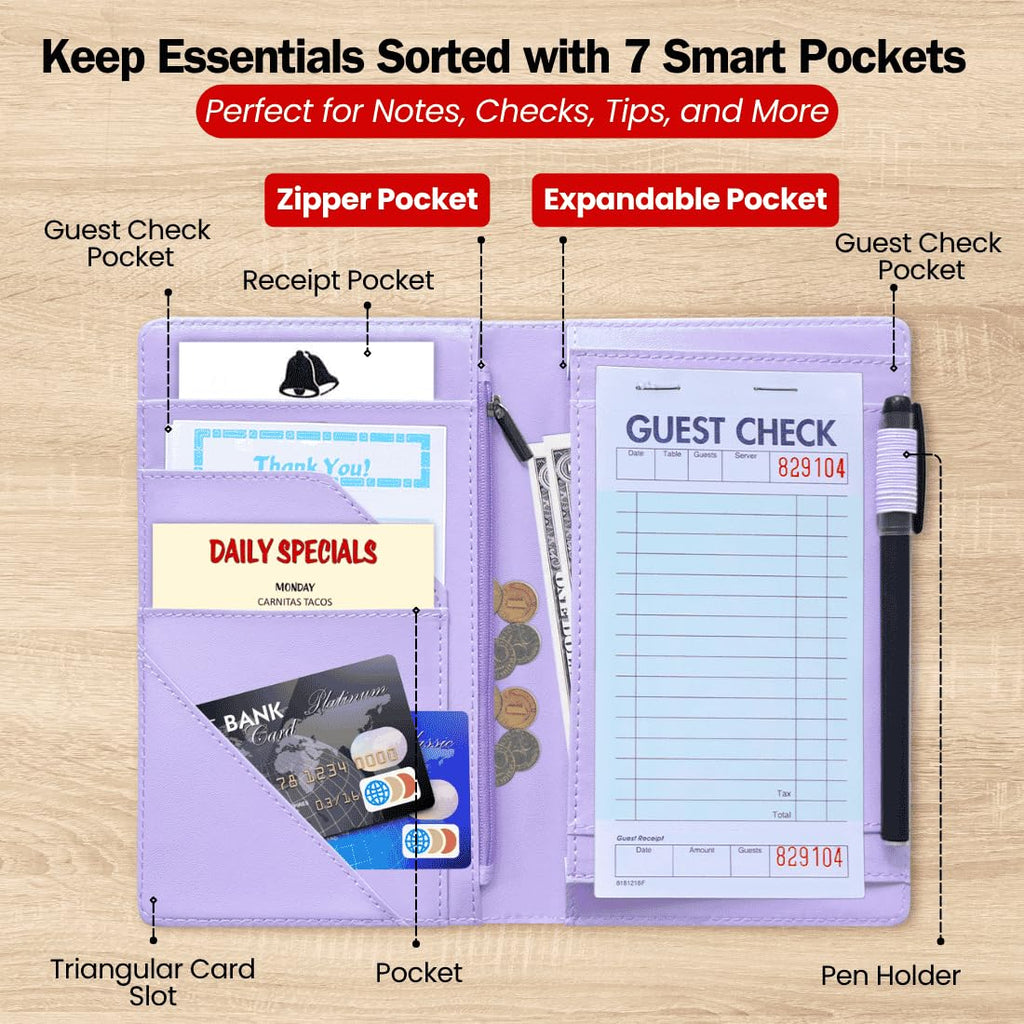 LINTRU 5x8 Server Book, 7 Pocket Zipper Organizer, Fits Apron, Purple