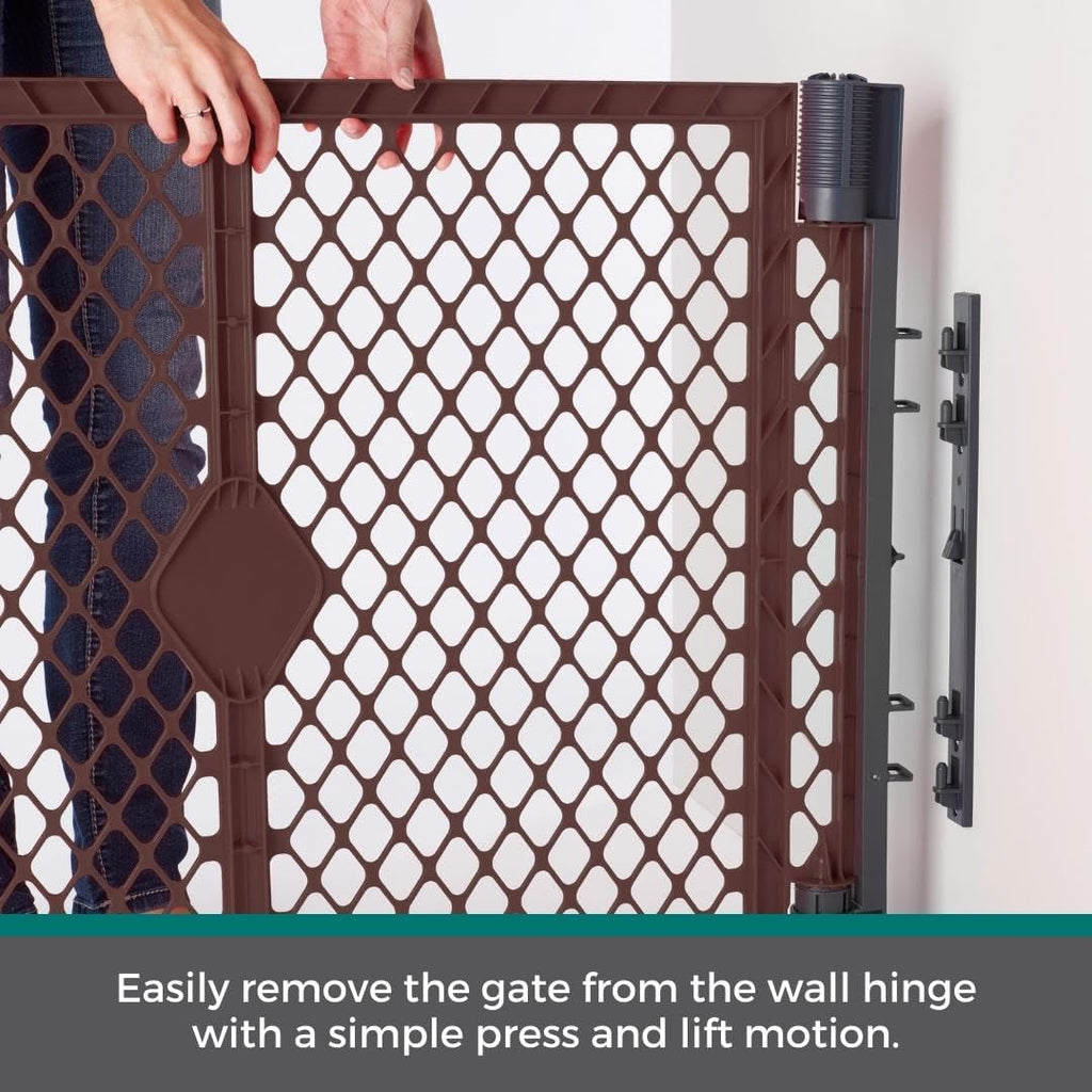 MyPet Extra Wide Dog Gate with Small Pet Door. 38.5” to 103.5" Wide. Cat Gate for Doorway. Made in USA. 26" Tall, Brown