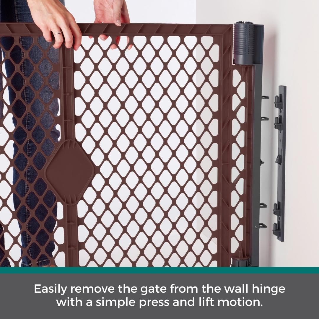 MyPet Extra Wide Dog Gate with Small Pet Door. 38.5” to 103.5" Wide. Cat Gate for Doorway. Made in USA. 26" Tall, Brown