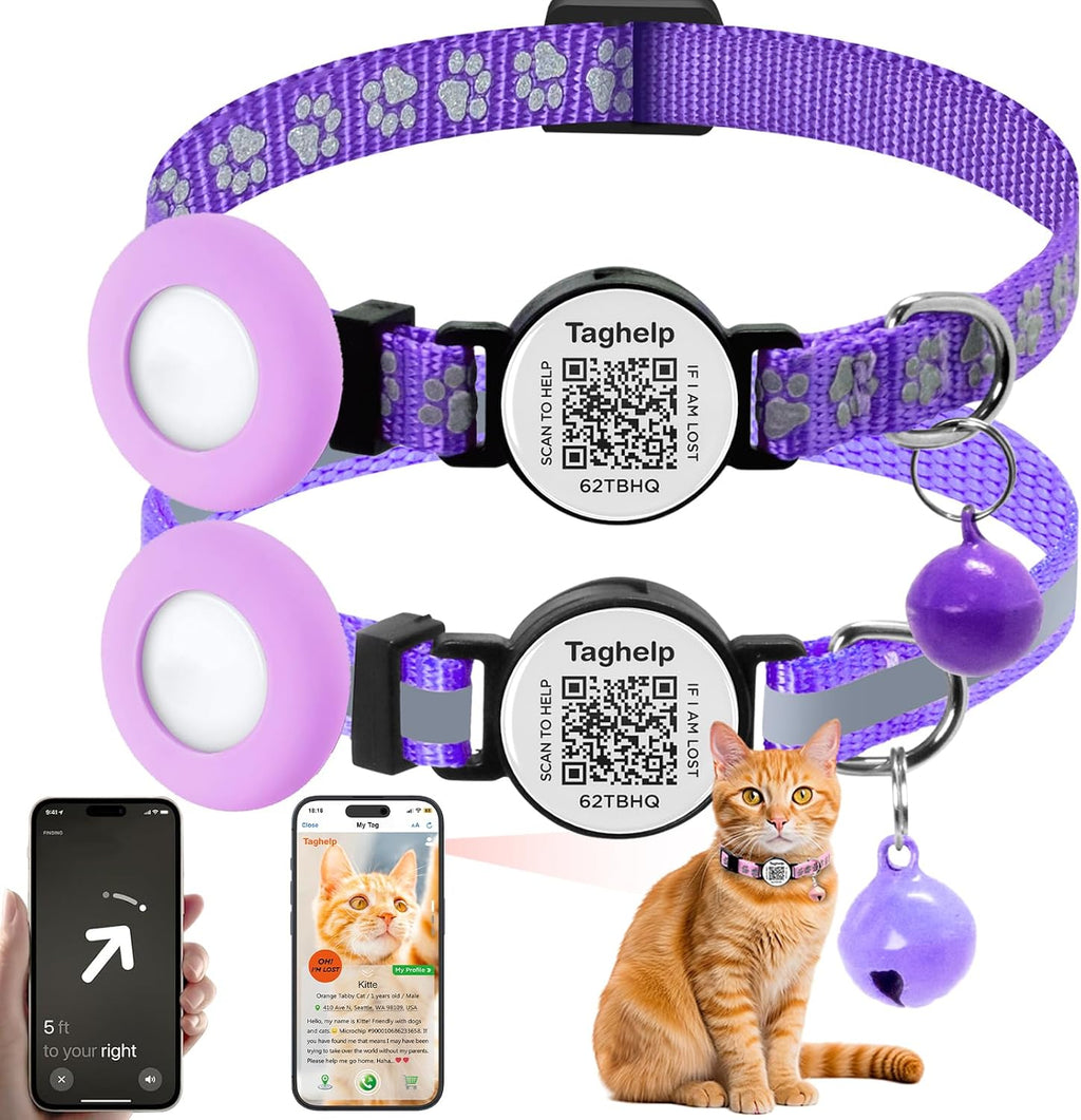 2 Pack Airtag Cat Collar, Breakaway Cat Airtag with Smart ID tag - Purple