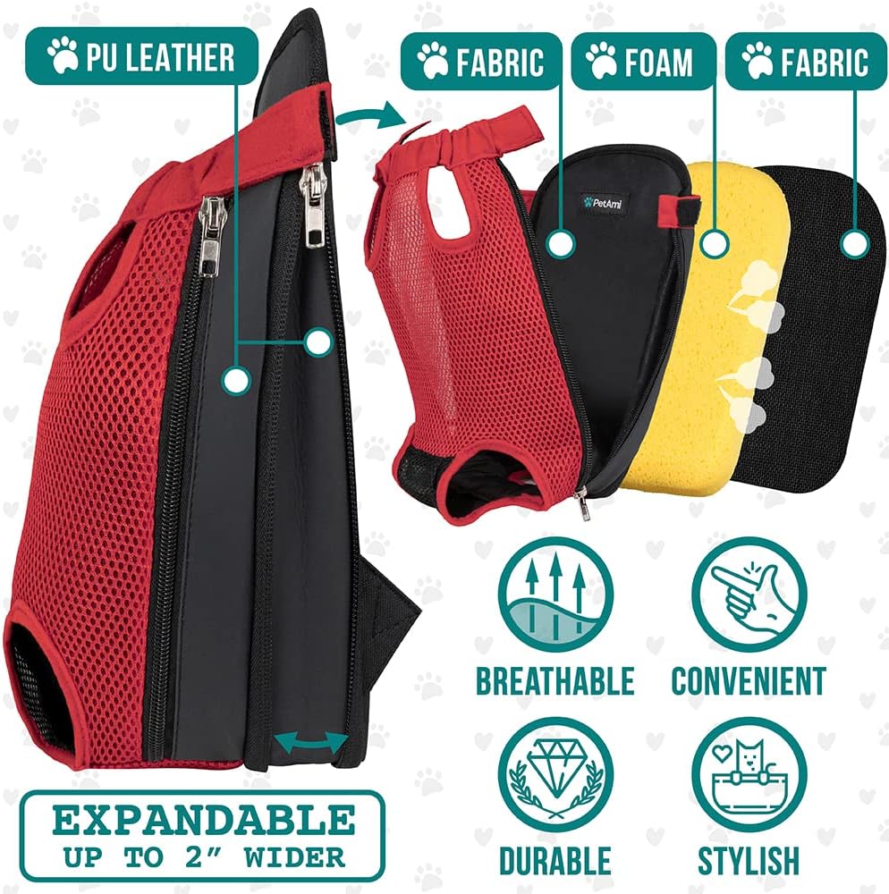 PetAmi Dog Carrier Backpack, Adjustable Dog Pet Cat Front Carrier Backpack | Ventilated Dog Chest Carrier for Hiking Camping Travel, Sling Bag for Small Medium Dog Cat Puppies, Large, 12-16 lbs, Red
