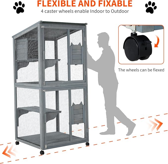 69-Inch Catio, Wooden Cat Enclosure, 4-Tier Cat House w/Waterproof Roof - Image 2