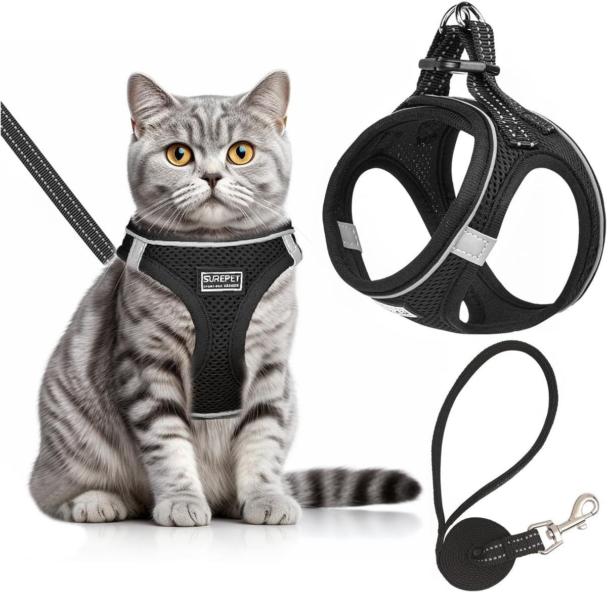Cat Harness with Leash Set Mesh No Pull Reflective Escape Proof Walking Adjustable Step Soft Padded in Vest Harness for Small Medium Puppy, Cats Black M