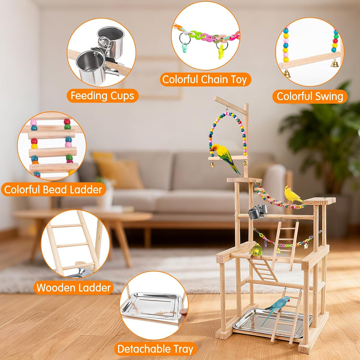 Bird Playground 4 Tier, Parrot Perch Stand Bird Play Stand with Feeder Cups, Ladder, Chain Toy, Swing and Detachable Tray, Parrot Playground for Parakeet Conure Cockatiel Lovebird Budgie