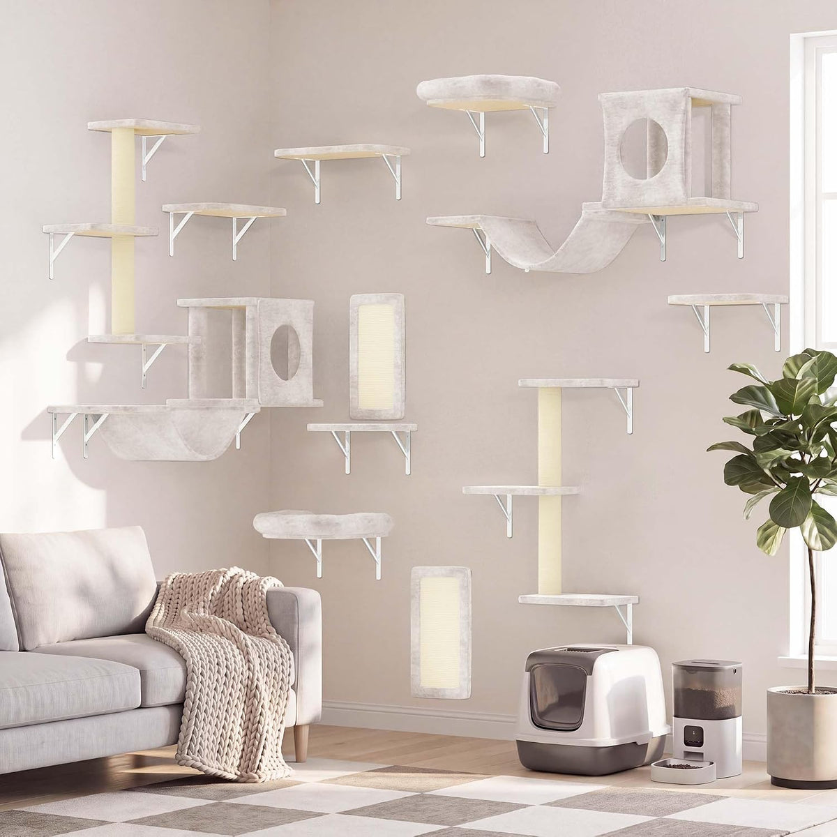 Cat Wall Shelves Set, 5 Pcs Wall-Mounted Cat Shelves, Beige