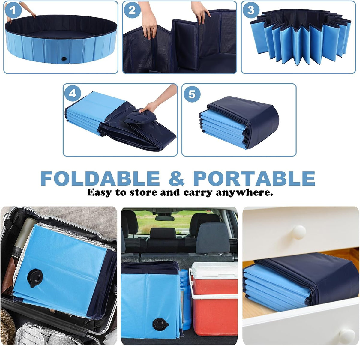 Eooqi Foldable Dog Pool for Large Dogs & Kids, 71" Hard-Side Collapsible Kiddie Pool, Heavy Duty Leakproof PVC Pet Swimming Pool with Non-Slip Bottom & Drain, Indoor Outdoor Use, Blue